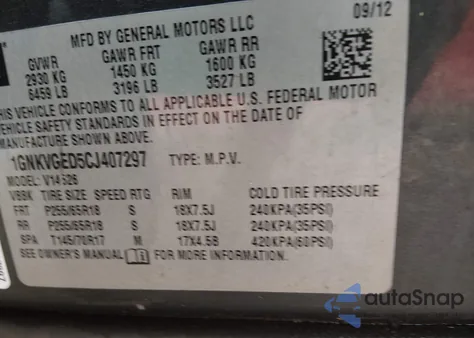 2012 Chevrolet Traverse 1Lt z USA, uszkodzony, nr VIN 1GNKVGED5CJ407297